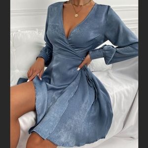 NEW Long Sleeve Side Wrap Dusty Blue A-Line Dress (S)